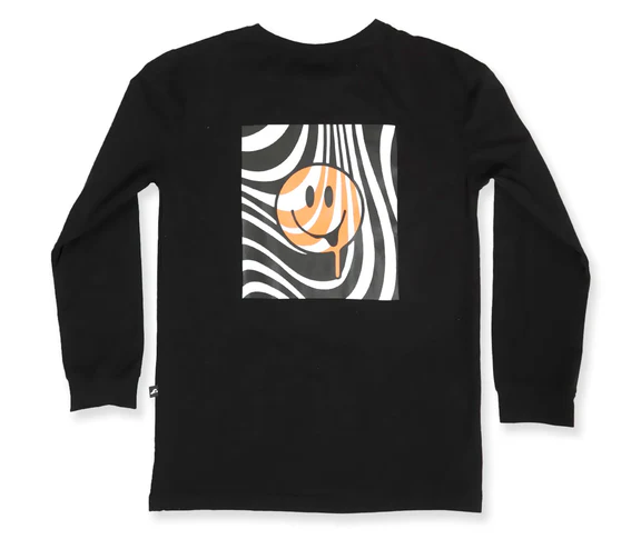 Hello Stranger Happy Boys Long Sleeve Tee in black from rear flatlay and showing the happy face from rear