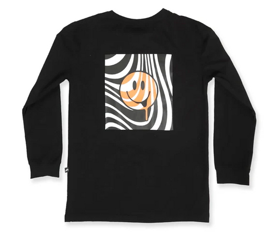 Hello Stranger Happy Boys Long Sleeve Tee in black from rear flatlay and showing the happy face from rear