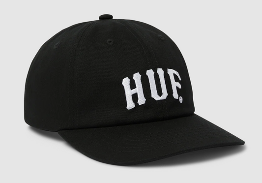 Huf Arch 6 Panel Cap in black showing front embroidery