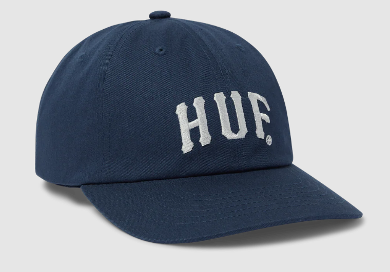 Huf Arch 6 Panel Cap in navy showing front embroidery