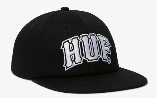 Huf Classic Arch Snapback Cap in black with white embroidered Huf logo from front/side view
