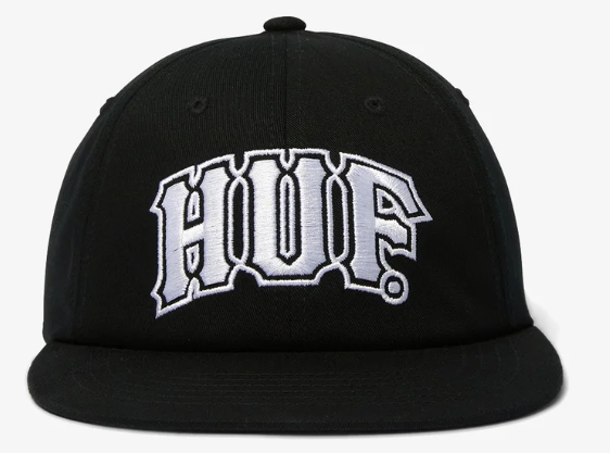 Huf Classic Arch Snapback Cap in black with white embroidered Huf logo from front