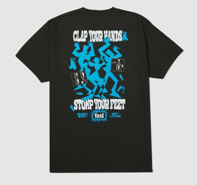 Huf Everybody Get Loose Tee in vintage black with bright back print from rear