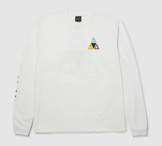 Huf Prism Triple Triangle Long Sleeve Tee in white from the front