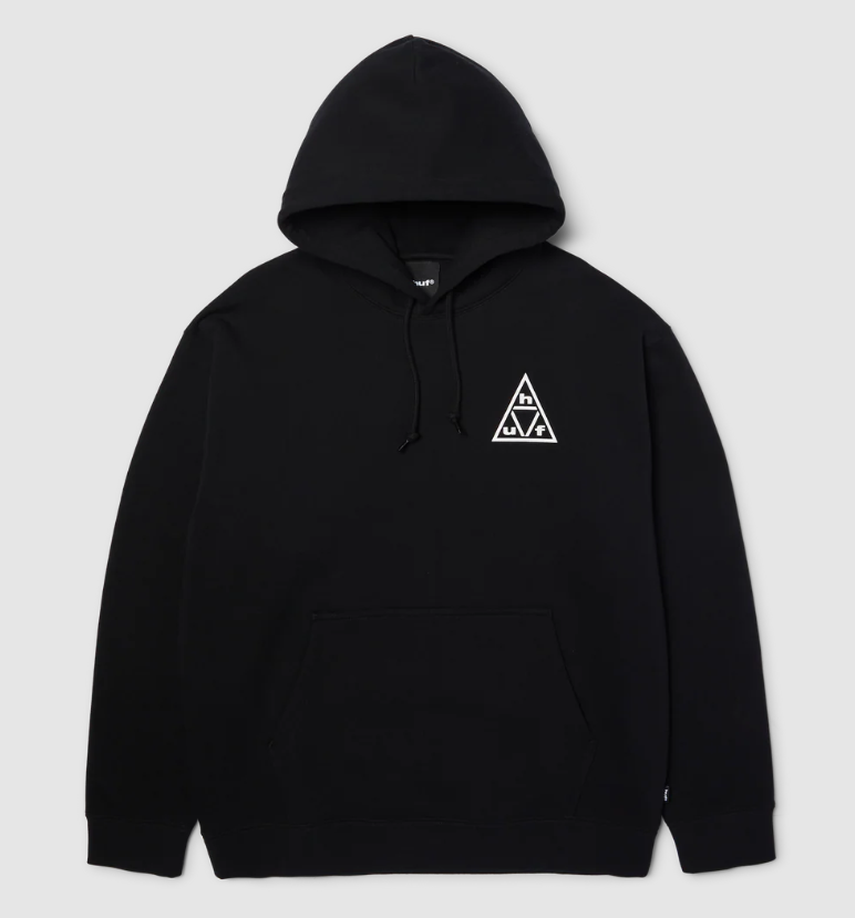 Huf Triple Triangle Pullover Hoodie in black with white logos from front