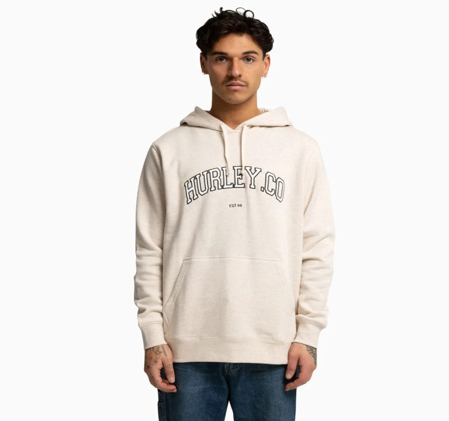Man wearing the Hurley Authentics Hooded Fleece in heather sand colour