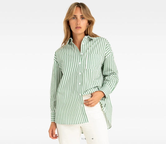 Hurley Signature Long Sleeve Womens Shirt white with green vertical stripes