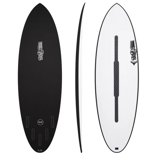 JS Industries 6'3 Bull Run Hyfi 3.0 Surfboard showing top, bottom and rail view