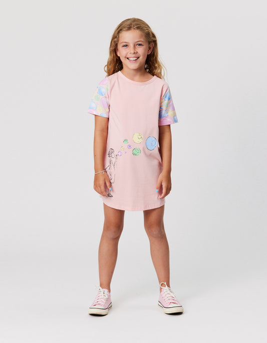 Kissed By Radicool Bubble Skater Tee Dress in pale pink on model from front