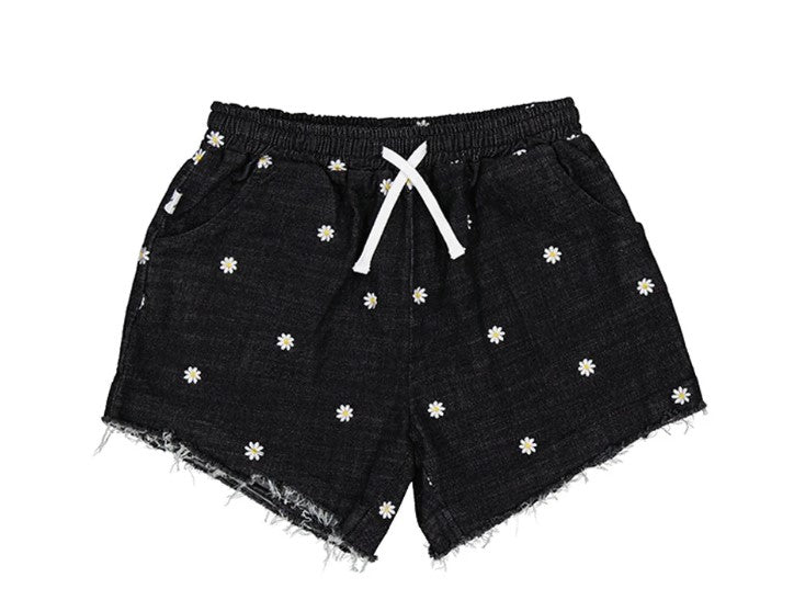 Kissed By Radicool Daisy Denim Shorts in black denim close up photo