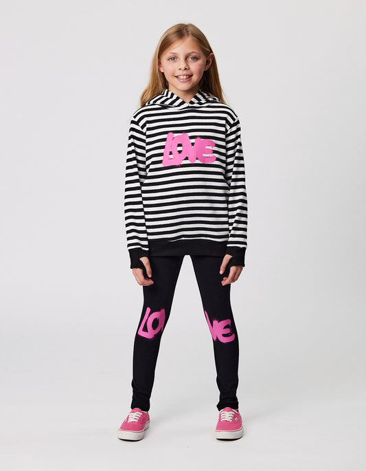 Kissed By Radicool Love Graffiti Hood in black and white stripes with pink printing