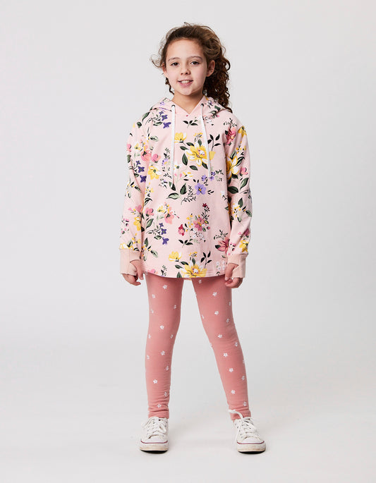 Kissed By Radicool Luna Floral Hood in pink with floral patterns on model from front