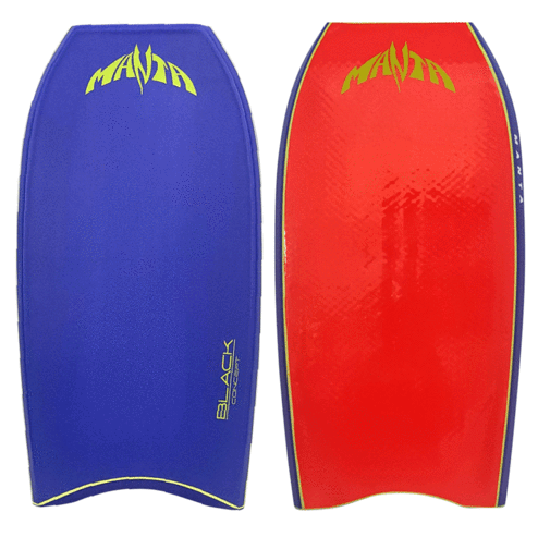Manta Black Concept 43" PPhd Bodyboard in deep blue with red bottom slick showing both deck and bottom views