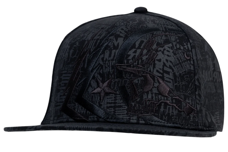 Metal Mulisha Ghost 3 Flex Cap in black with tonal black embroidery and tonal all over print from the front