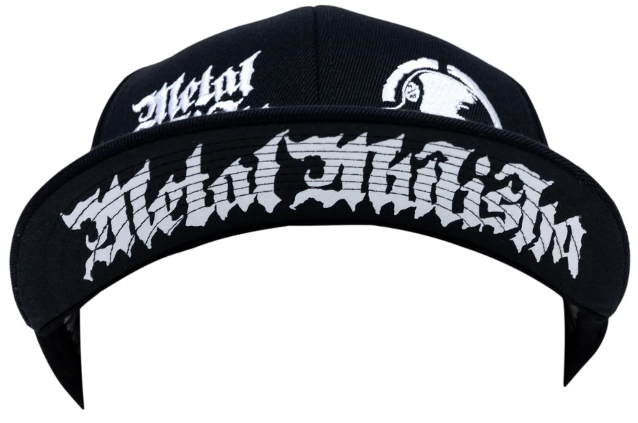 Metal Mulisha Ghoul Gang Snapback Cap in black with multiple white embroidery hits from front and printing under the brim
