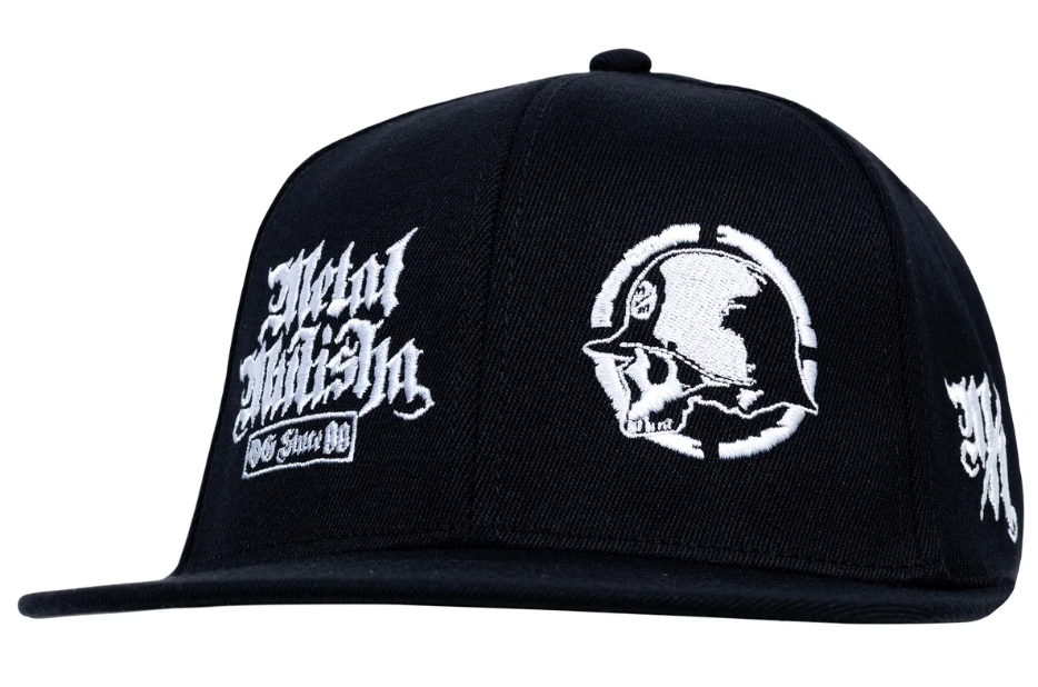 Metal Mulisha Ghoul Gang Snapback Cap in black with multiple white embroidery hits from front