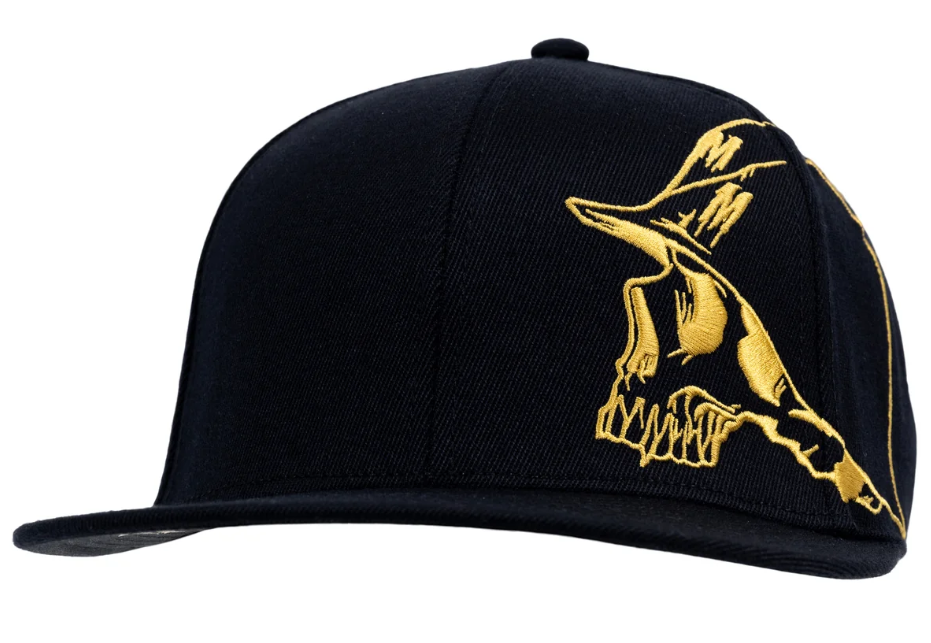 Metal Mulisha Mobber 2 Flex Cap in black with gold helmet skull embroidery from front