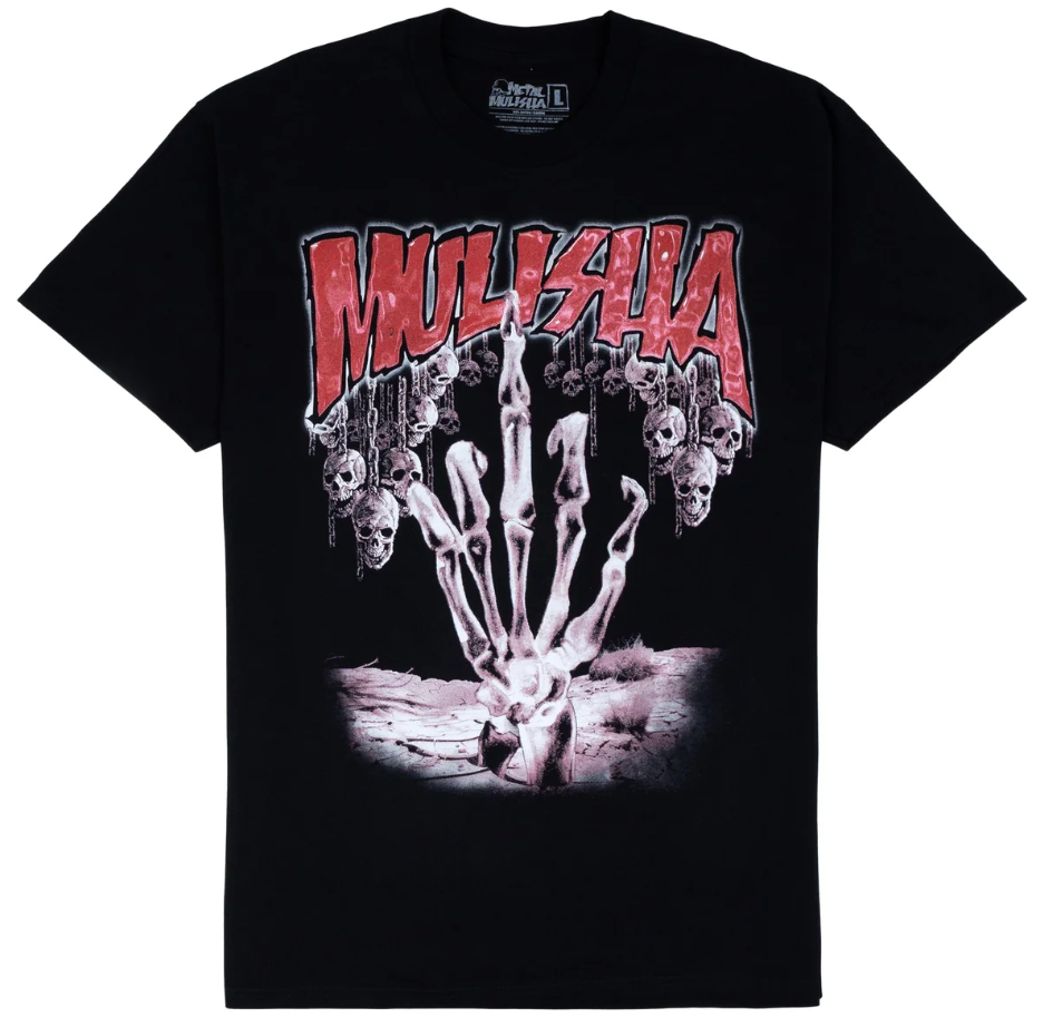 Metal Mulisha Royal Salute Tee in black with skeleton hand and skulls under red branding