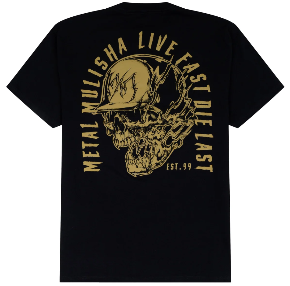 Metal Mulisha Smoking Tee in black with gold font and print from the rear