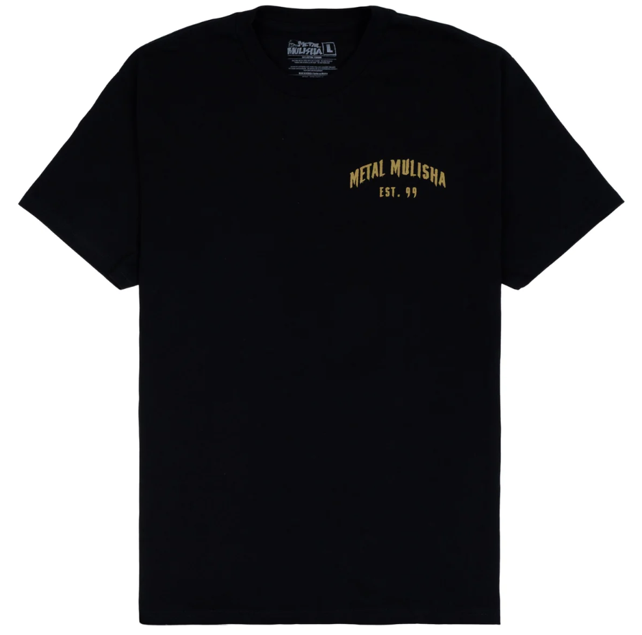 Metal Mulisha Smoking Tee in black with gold font from the front