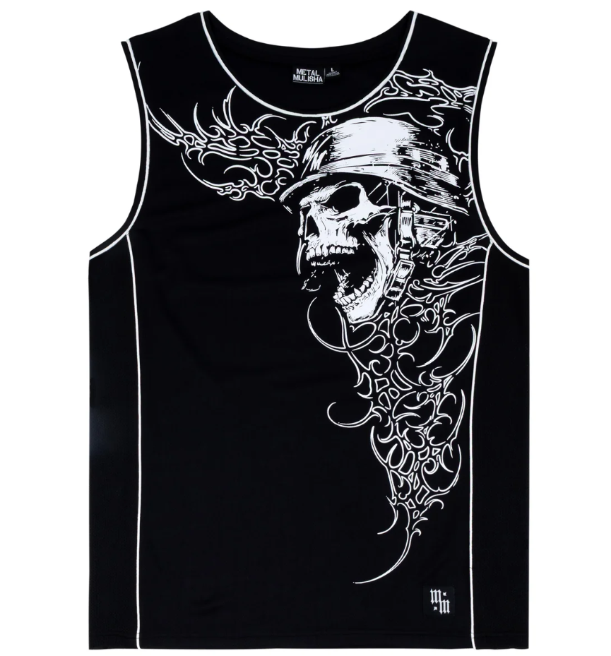 Metal Mulisha War Paint 2 Tank in black wiht white print and white piping from the front