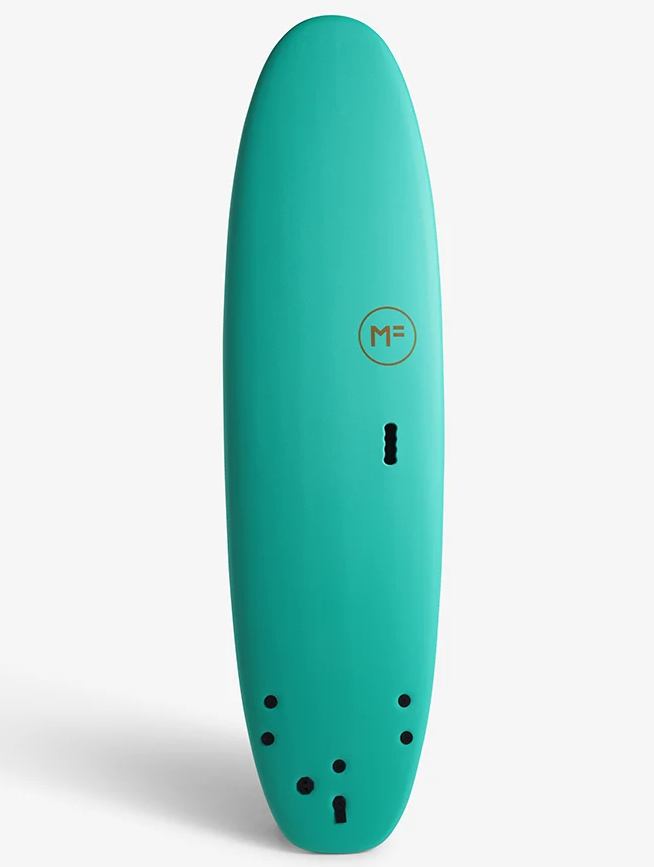Mick Fanning 7'0 Beastie Supersoft Softboard in aquamarine colour showing the deck