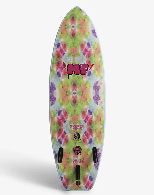 Mick Fanning 5'10 Unicorn Supersoft Softboard in sky blue colourway showing tie dye bottom of board