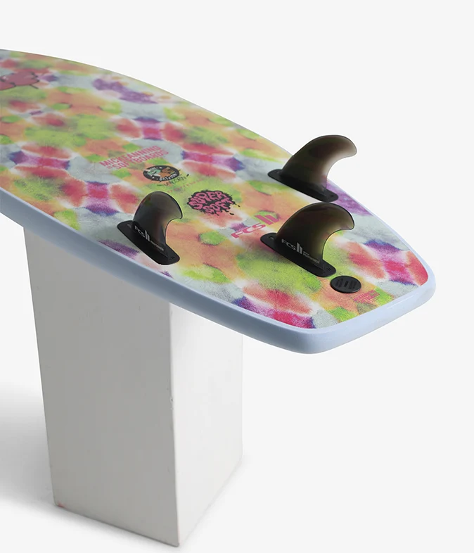 Mick Fanning 5'10 Unicorn Supersoft Softboard in sky blue colourway showing fins in tie dye bottom of the board