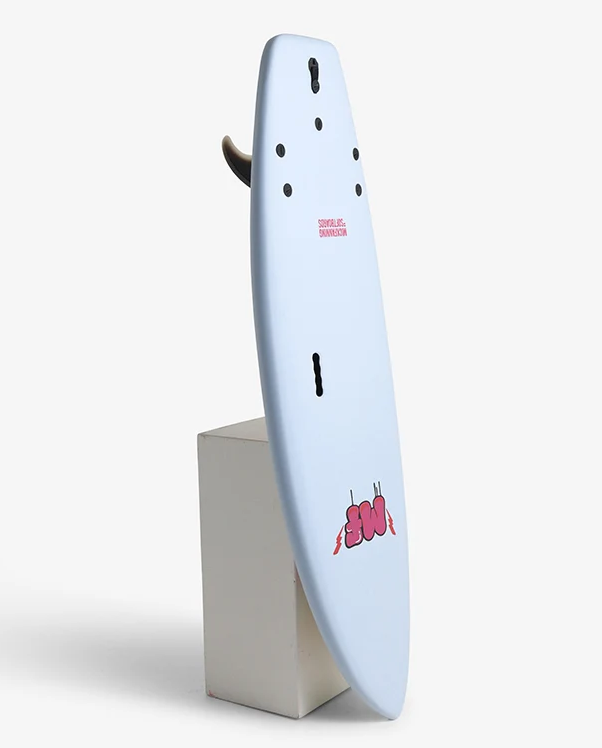 Mick Fanning 5'10 Unicorn Supersoft Softboard in sky blue colourway standing on its nose