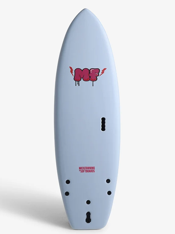 Mick Fanning 5'10 Unicorn Supersoft Softboard in sky blue colourway showing deck