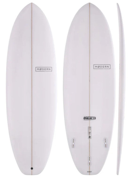 Modern Highline 6'0 PU Surfboard
 in clear showing deck, rail and bottom views