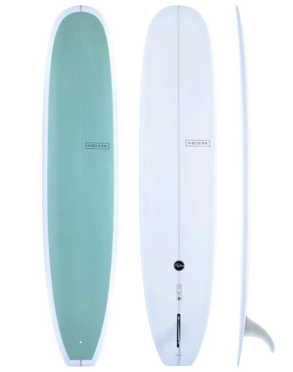 Modern 9'6 Retro PU Longboard with seaqglass coloured deck and white bottom showing deck, side and bottom view