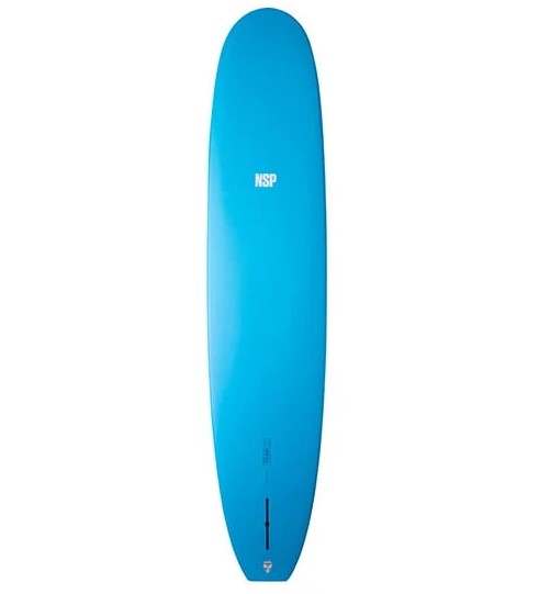 NSP 9'6 Sleep Walker Elements HDT Longboard in blue showing bottom