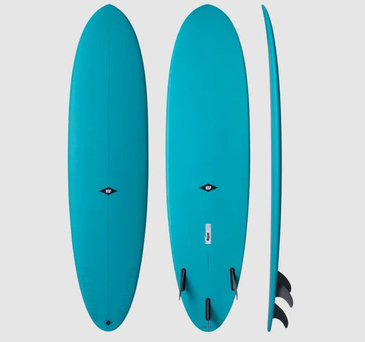 NSP Magnet 7'2 Protech 2 Epoxy Midlength Surfboard in teal colourway showing deck, bottom and rail views