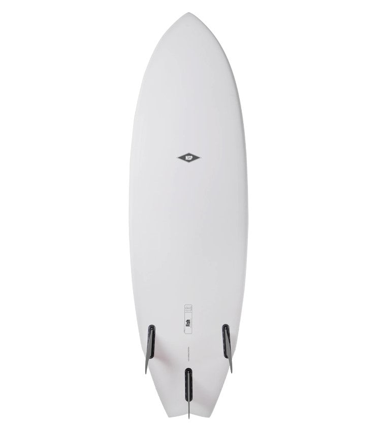 NSP 5'6 Protech Epoxy Fish Surfboard in white tint showing bottom of board with fins in