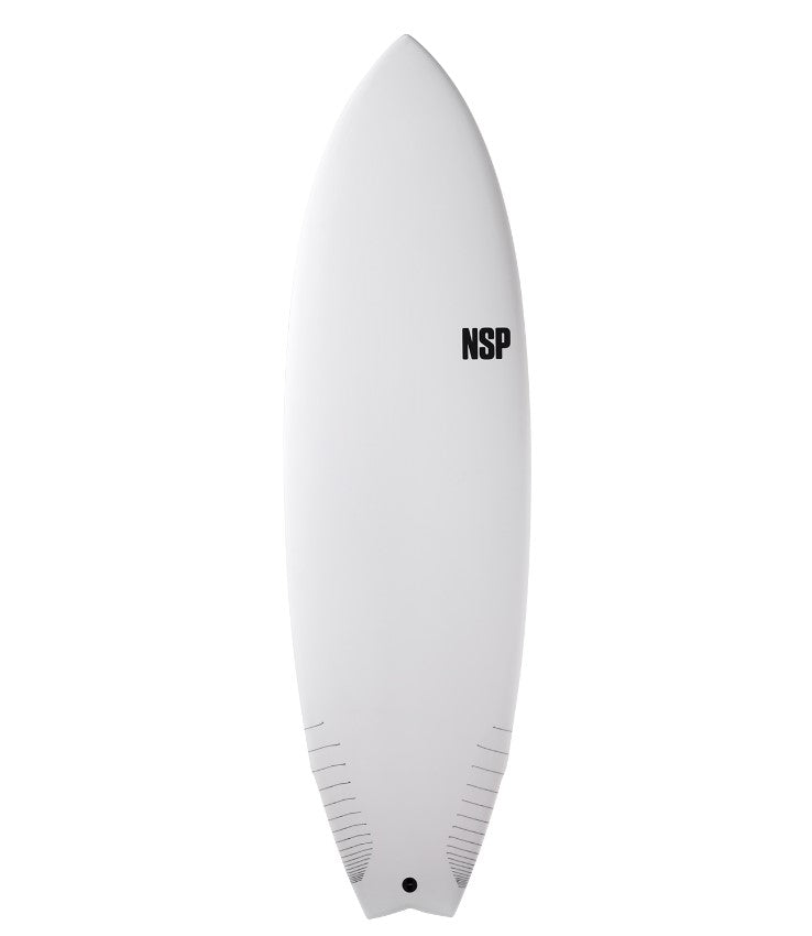 NSP 5'6 Protech Epoxy Fish Surfboard in white tint showing deck