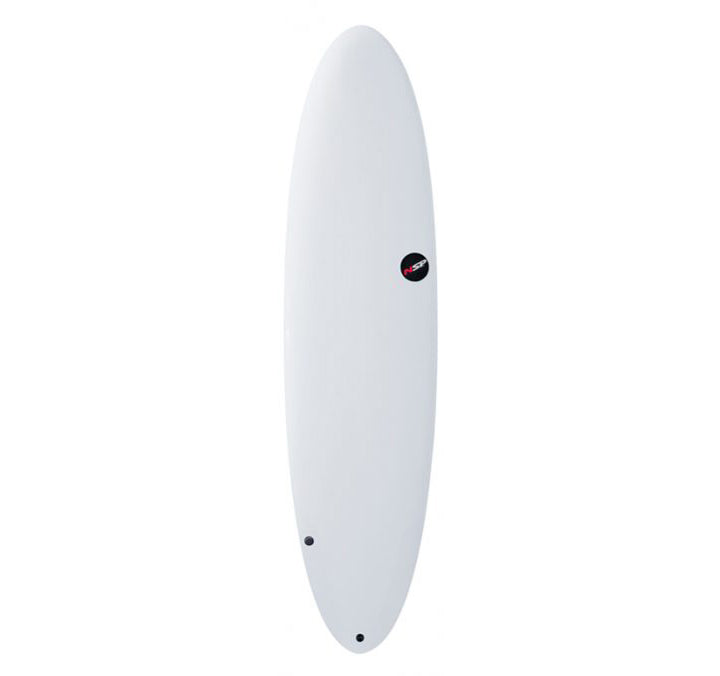 NSP 7'6 Protech Epoxy Funboard in white tint showing deck