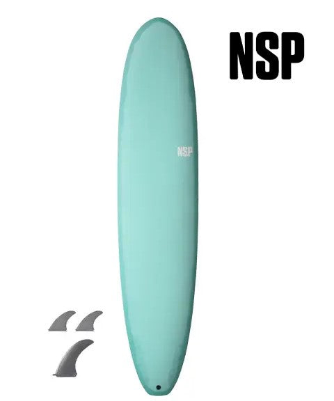 NSP 8'0 Protech Epoxy Mini Longboard in Moroccan blue colourway showing deck and fins