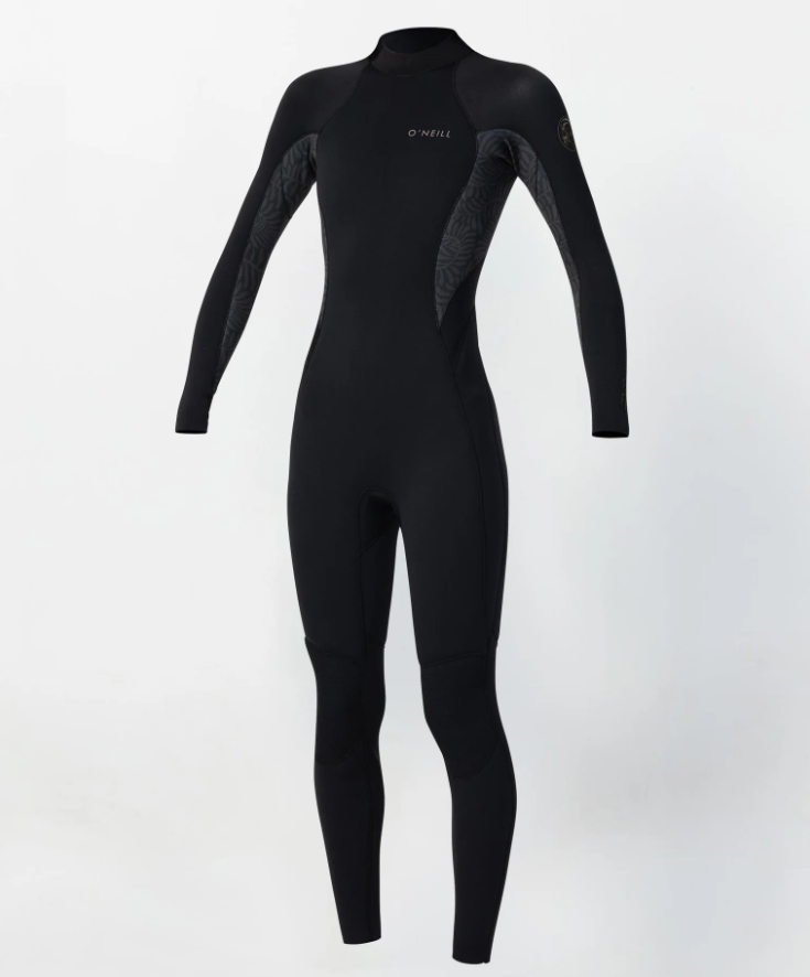 O'Neill Bahia 4/3mm Women's Back Zip Wetsuit in black with mirage palm yardage on panels from front