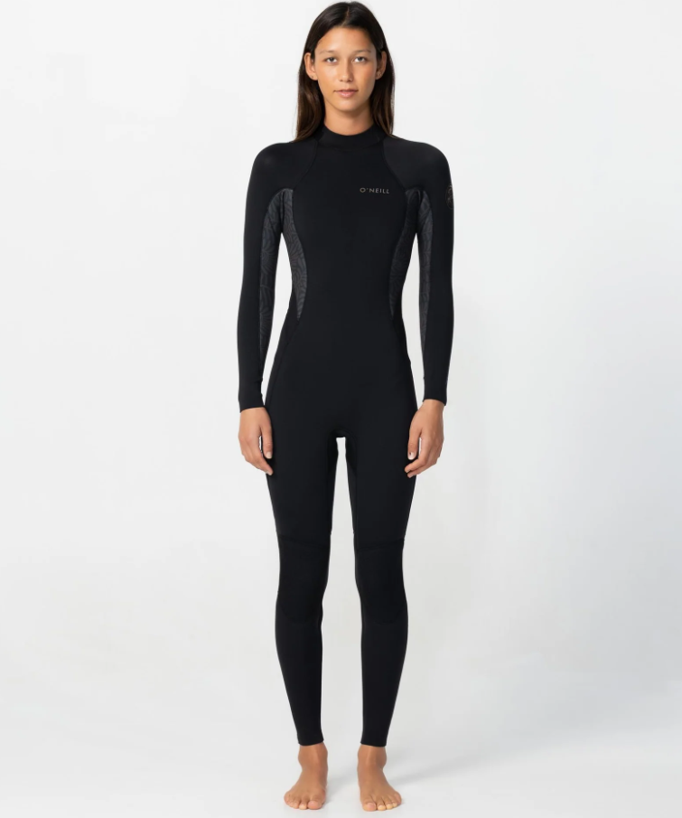 O'Neill Bahia 4/3mm Women's Back Zip Wetsuit in black with mirage palm yardage on panels on model from front