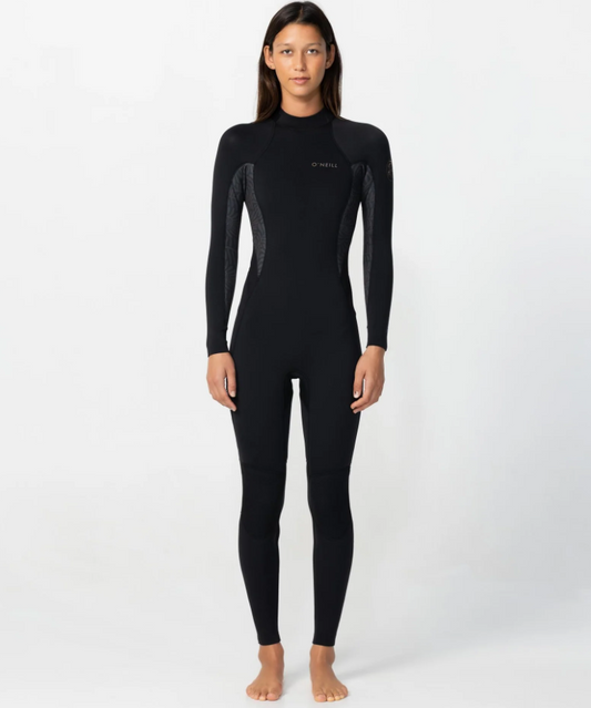 O'Neill Bahia 4/3mm Women's Back Zip Wetsuit in black with mirage palm yardage on panels on model from front