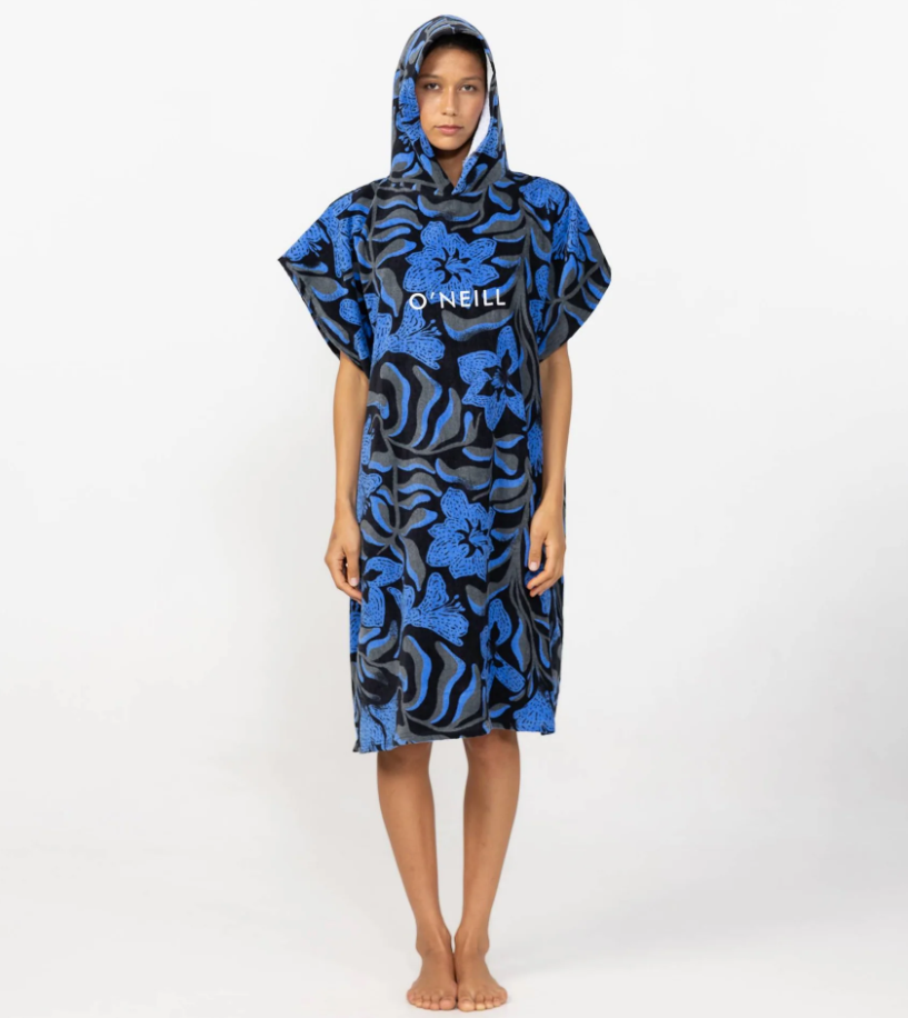 O'Neill Bahia Women's Hooded Towel
  in seawater floral colourway on model from the front