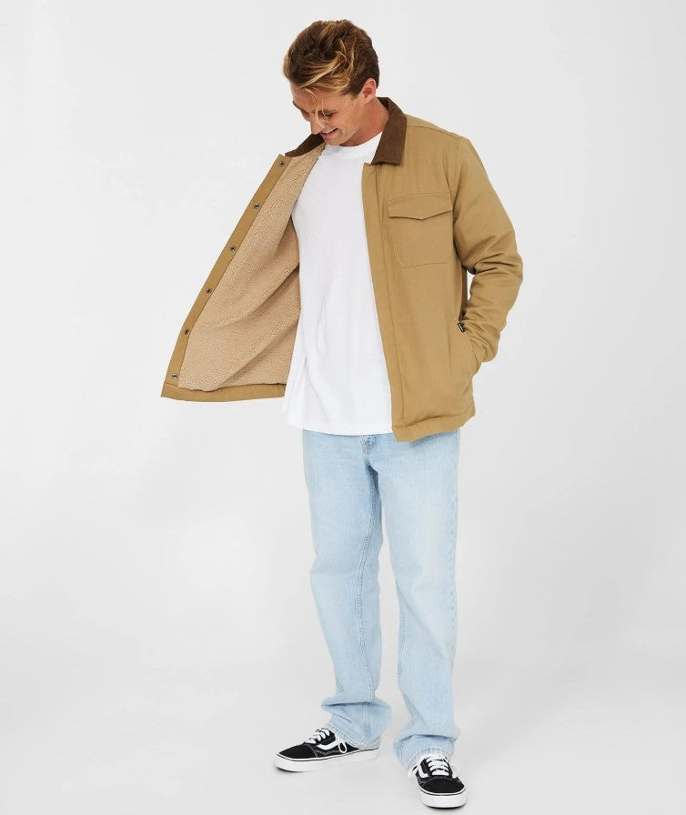 O'neill Bronsen High Pile Lined Jacket in dark khaki on model showing inner sherpa lining
