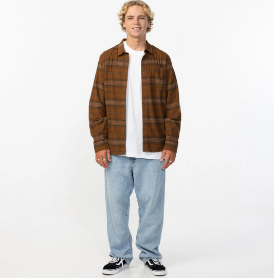 O'Neill Caruso Stripe Men's Long Sleeve Cord Shirt in dachshund on model in white tee and blue jeans