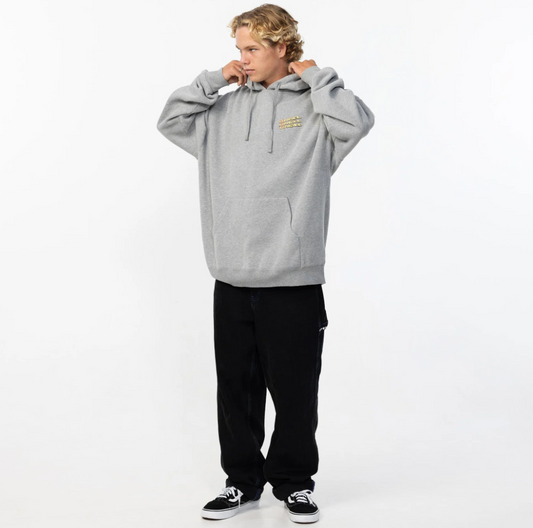 O'Neill Circle Freak Hoodie in grey marle on model in black pants from front