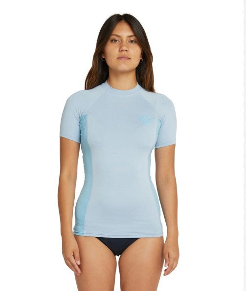 O'Neill Womens Classis Short Sleeve Rash Top in fog and light blue colours