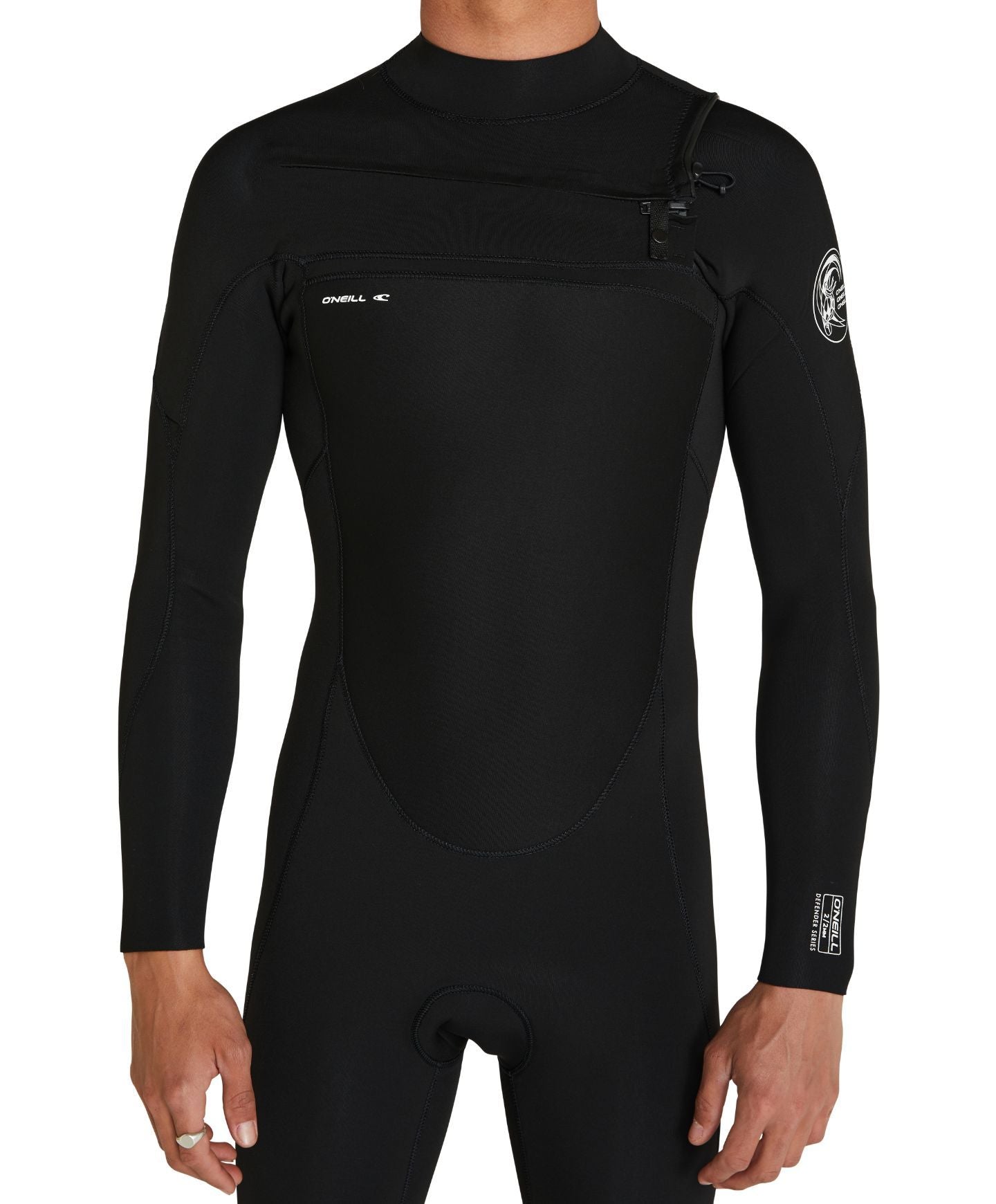 O'Neill Defender 2mm LS Chest Zip Spring Wetsuit in black on model