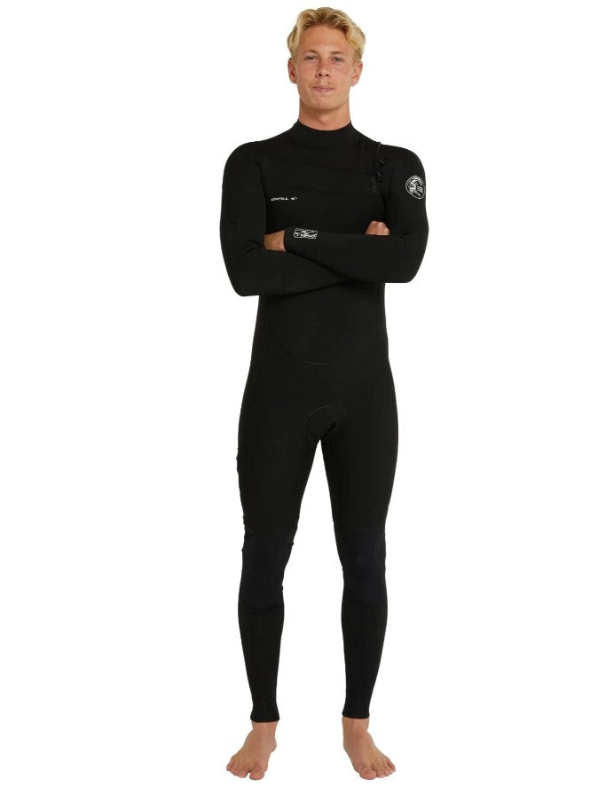 O'Neill Defender 3/2mm Chest Zip GBS Wetsuit in black on model from front