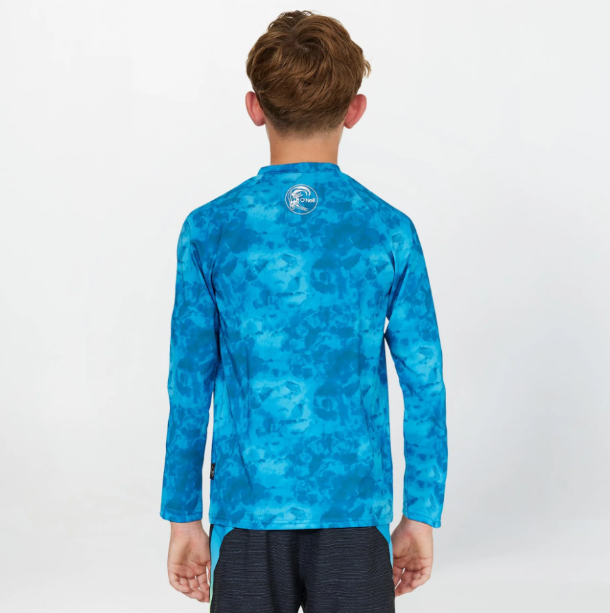 O'Neill Boys Dopedye Long Sleeve UV Rash Tee in trippy surf blue on model from the back