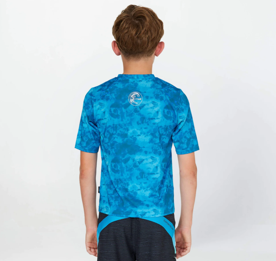 O'Neill Boys Dopedye SS UV Rash Tee in trippy surf tie dyed blue on model from the rear close up